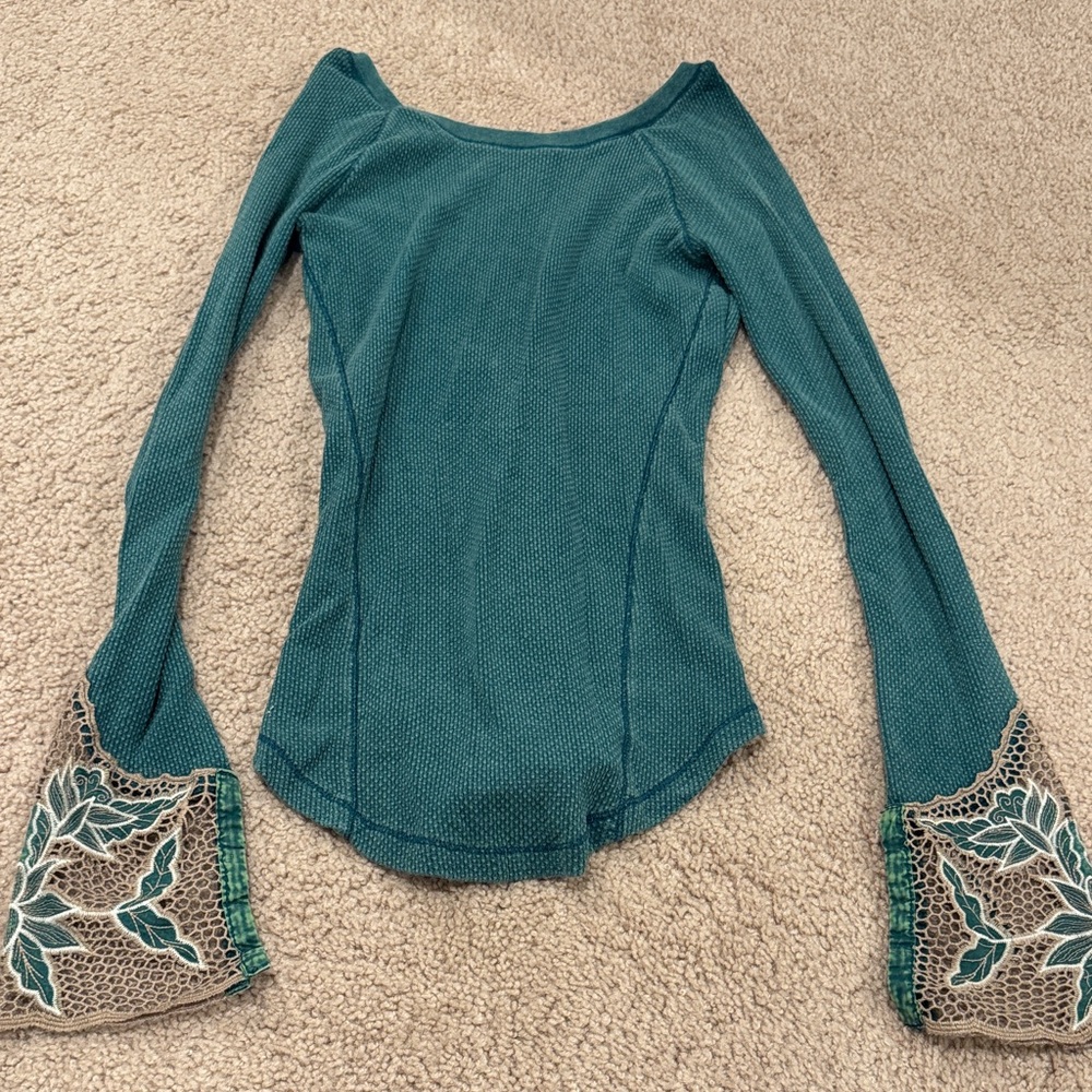 Free People Teal Long Sleeve Women's Top with Embroidered Cuffs